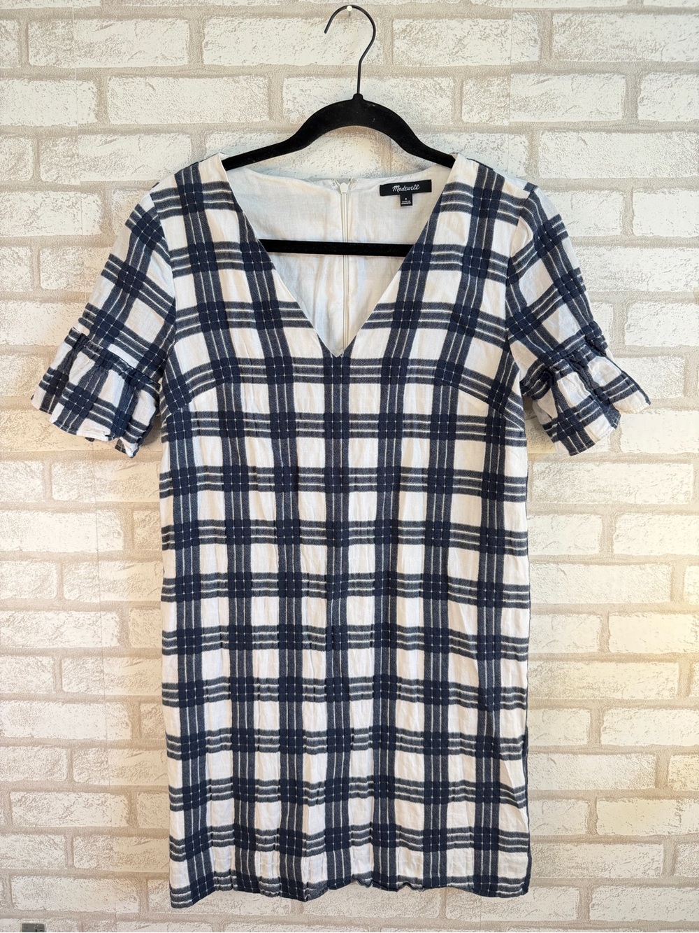 Madewell Navy & White Plaid V-Neck Short Sleeve Tunic Dress